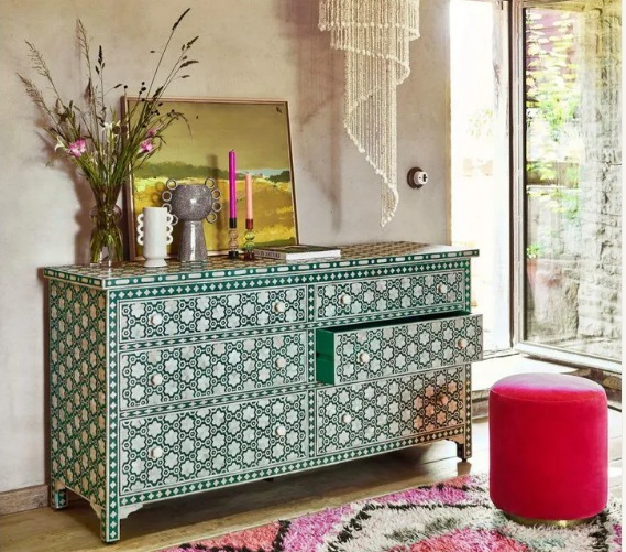 Jade Floral Six Drawer Cabinet In Bone Inlay Detailing