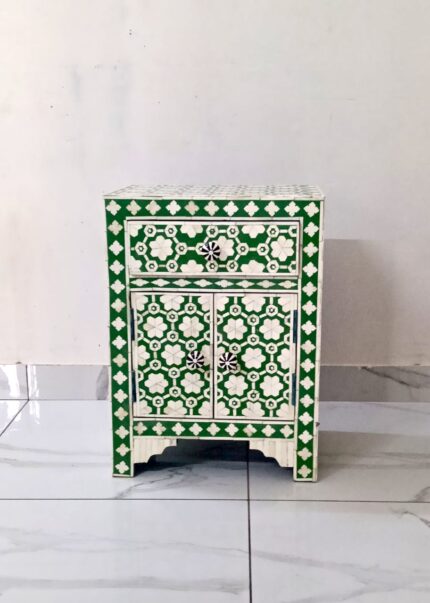Green Bone Inlay Bedside Table with Drawer